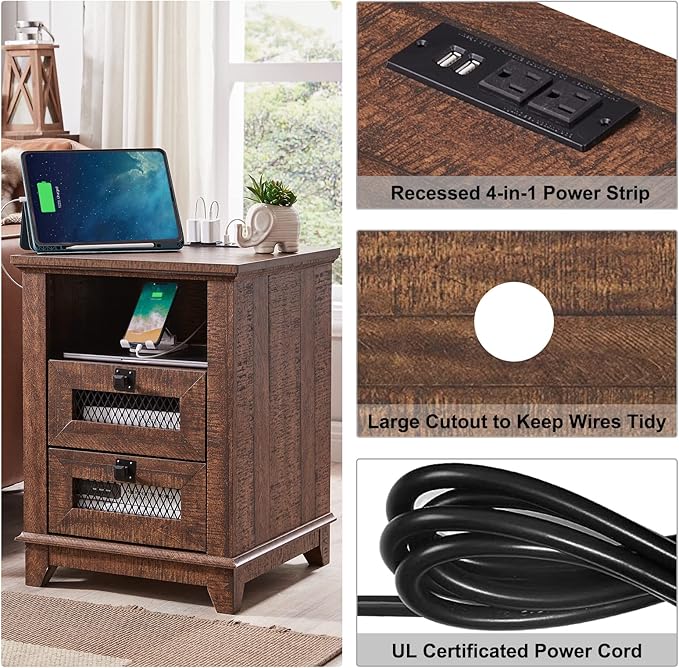 Nightstand with Charging Station,OKD 18'' Industrial & Farmhouse End Table with 2 Drawers &Open Cubby, Rustic Mesh Drawer Sofa Side Table w/Storage for Bedroom, Living Room, Office, Reclaimed Barnwood-Ruum Studio Home