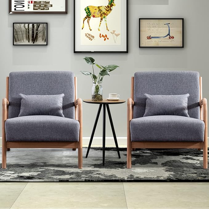 INZOY Mid-Century Modern Accent Chair Set of 2, Dark Grey Living Room Chairs with Waist Cushion, Upholstered Reading Armchair for Bedroom Sunroom-Ruum Studio Home
