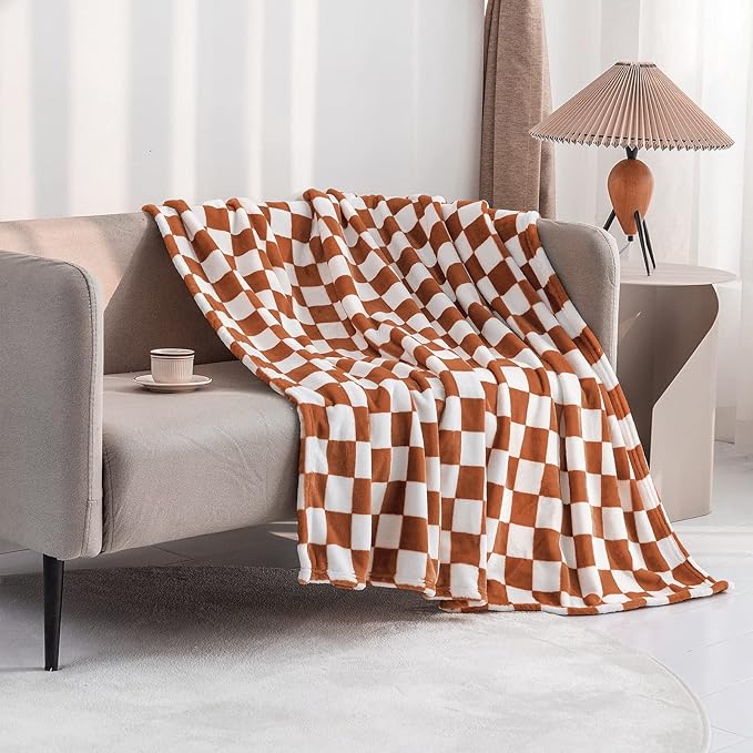 LOMAO Throw Blankets Flannel Blanket with Checkerboard Grid Pattern Soft Throw Blanket for Couch, Bed, Sofa Luxurious Warm and Cozy for All Seasons (Maple Brown, 90"x90")-Ruum Studio Home