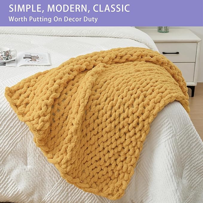 Bigacogo Chunky Knit Throw Blanket for Couch, 40x40 inches, 100% Hand Knitted with Thick Jumbo Chenille Yarn, Cozy Soft Large Rope Knot Cable Crochet Blankets for Sofa Bed Living Room, Mustard Yellow-Ruum Studio Home