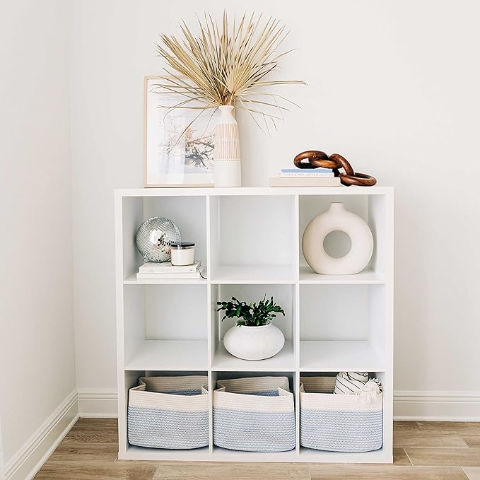 OrganiHaus Woven Storage Baskets for Organizing, Cotton Rope Organizer Bins for Shelves, Closet & Nursery, Dog Toy Basket, Decorative Bins for Toys, Towels & Books - 15x10x9, Blue/Off-White-Ruum Studio Home