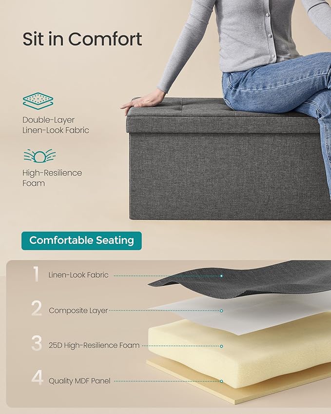 SONGMICS MAZIE Collection - 30 Inches Folding Storage Ottoman Bench, Ottoman Foot Rest, End of Bed Bench, Storage Chest, Load 660 lb, for Living Room, Bedroom, Entryway, Dark Gray ULSF47K-Ruum Studio Home