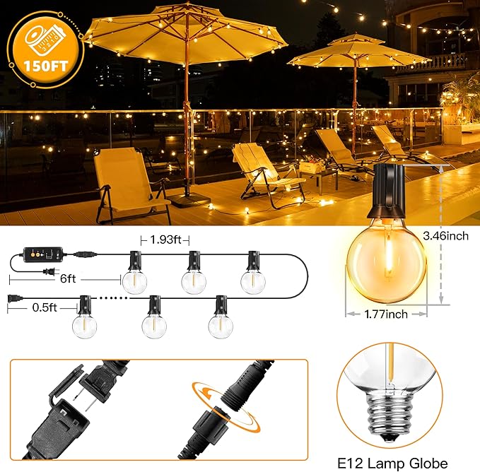 Outdoor String Lights 150FT with Remote Dimmer, G40 Globe LED Patio Lights with 75 Edison Plastic Bulbs(4 Spare), Waterproof Connectable Hanging Lights for Backyard Porch Balcony Yard Deck Party Decor-Ruum Studio Home