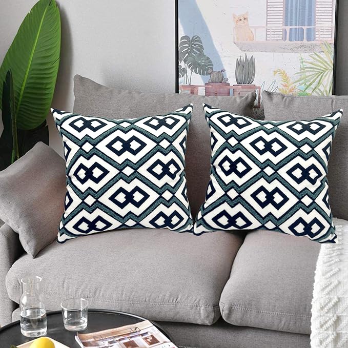 Alysheer Embroidered Decorative Throw Pillow Cover 18"x 18" Set of 2, Classic Boho Geometric Embroidery Pattern Cotton Square Cushion Case for Sofa Couch Living Room Bedroom (Navy Aqua)-Ruum Studio Home