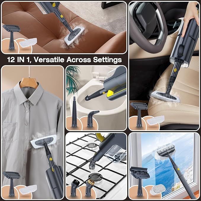 ScrubWiz Steam Mop Cleaner with Detachable Handheld Steamer, 10-in-1 Multi Accessories, Washable Microfiber Pads, 350ml and 2 Adjustable Levels for Cleaning Floor, Carpet, Tiles, and Grout, Gray-Ruum Studio Home