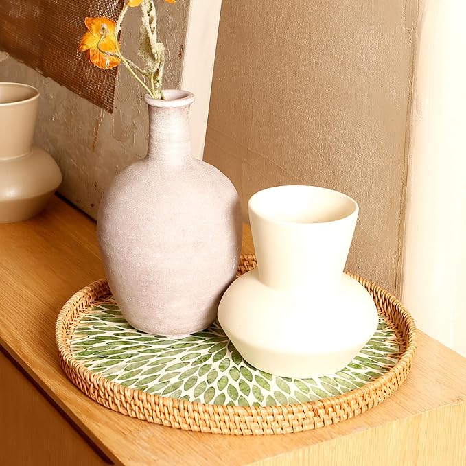 Round Rattan Tray with Mother of Pearl Inlay & Wooden Base - Decorative Wicker Serving Tray for Coffee/Bread/Fruits, Food Storage & Display - Multipurpose Home Decor (M,Green Leaves)-Ruum Studio Home