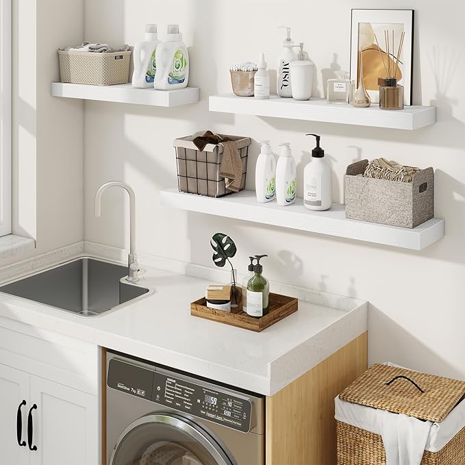 fuqing Floating Shelves for Wall, Bathroom Shelf Wall Mounted for Storage, Shelves with Invisible Bracket for Bedroom, Kitchen, Living Room, Farmhouse Small Book Shelf, 24 Inch Set of 2, White-Ruum Studio Home