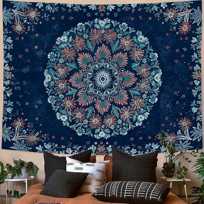 Fowocu Boho Floral Mandala Tapestry Wall Hanging Blue Bohemian Flower Medallion Tapestry Aesthetic Vintage Navy Hippie Indian Small Tapestries for Bedroom Living Room Dorm Decor 60 x 44 Inch-Ruum Studio Home