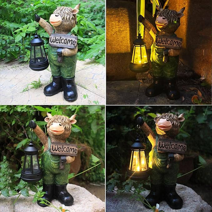 Solar Garden Decor Statues: Handmade Resin Statue with LED Light,Highland Cow Figurine Outdoor Garden Decor Unique Gifts for Women, Mom, Grandma (Green cow1)-Ruum Studio Home
