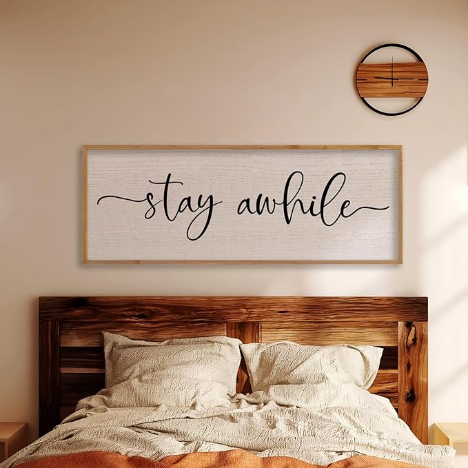 LuZhiQiang Stay Awhile Home Sign Wall Decor 40"X15" Large Solid Wood Frame For Hallway Living Room Entryway Wall Art Hanging (Wood)-Ruum Studio Home