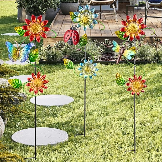 3 Pcs Sunflower＆Butterly＆Ladybug＆Dragonfly Decorative Garden Stakes,23.5 in Metal Sunflower Yard Art for Outside Decor,Spring Outdoor Decor for Mom,Women,Grandma-Ruum Studio Home