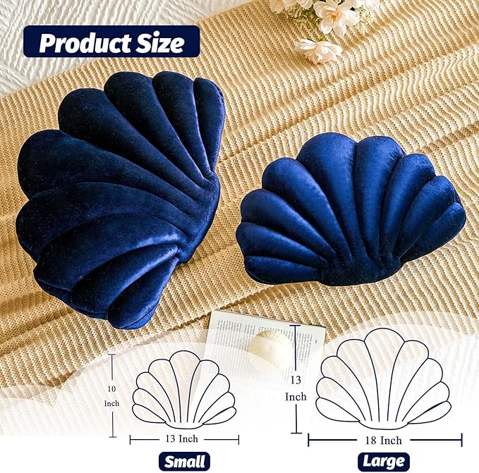 Navy Blue Seashell Throw Pillows, Shell Shaped Throw Pillows, 13 Inch Soft Velvet Home Decorative Pillow Plush Cushion for Bed Couch Living Sofa Room Decor Accent Throw Pillow-Ruum Studio Home