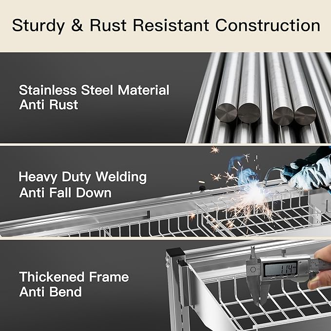 3 Tier Extra Large Stainless Steel Expandable Over The Sink Dish Drainer Drying Rack, Rust Proof Metal, Space Saving, Modern Silver Big Capacity Extendable Plate Strainers Above Kitchen Counter-Ruum Studio Home