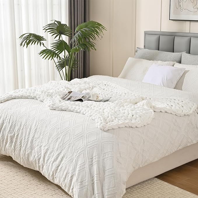 Esterra Chunky Knit Blanket Throw, 100% Handmade Chenille Throw Blanket 50"x60", Soft Thick Yarn Cable Knit Crochet Throw Blanket Rope Knot Throw for Couch Bed Sofa, Bright White-Ruum Studio Home