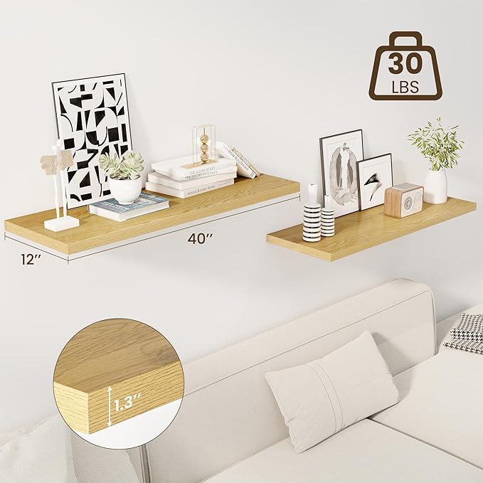 40" Floating Shelves for Wall, 12" Deep Slim Oak Floating Shelves, Wall-Mounted Shelves for Bedroom, Living Room, Kitchen, Bathroom - Set of 2-Ruum Studio Home