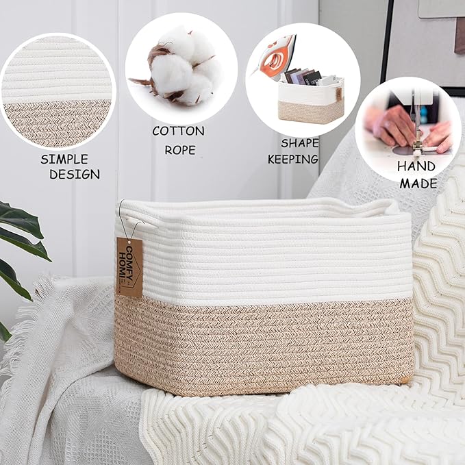 COMFY-HOMI 3-Pack Cotton Rope Woven Basket with Handles for Shelves, Books, Toys, Cloth Storage|Towel Storage|Nursery Baby Basket - 13.5" x 11" x 9.5" for Living Room (White/Brown)-Ruum Studio Home