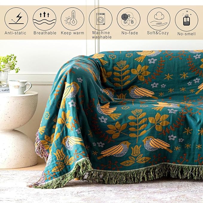 MSGKV Boho Throw Blanket Queen Size Cotton Blanket for Couch and Sofa Living Room Blanket Summer Bed Cozy Gauze Blanket 90" x 90"-Ruum Studio Home