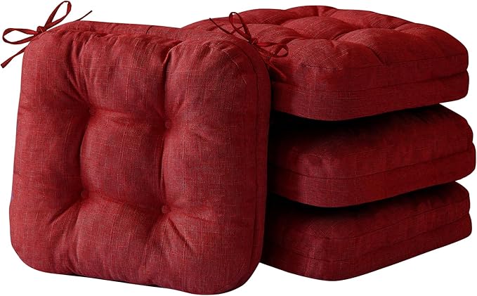 Chair Cushions for Dining Chairs, Dining Chair Cushions, Tufted Indoor Chair Pads with Ties & Non Slip Backing, Seat Cushions for Kitchen Chairs 16.5” x 16.5” x 3.5”, Set of 4, Red-Ruum Studio Home