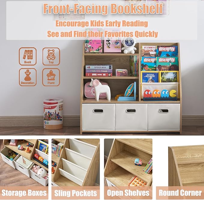 Kids Bookshelf and Toy Storage Organizer, Montessori Nursery Book Shelves with 3 Tier Sling Rack & Fabric Toy Bins, Children Toddler Baby Bookshelf, Wooden Toy Shelf for Kids Room Playroom-Ruum Studio Home