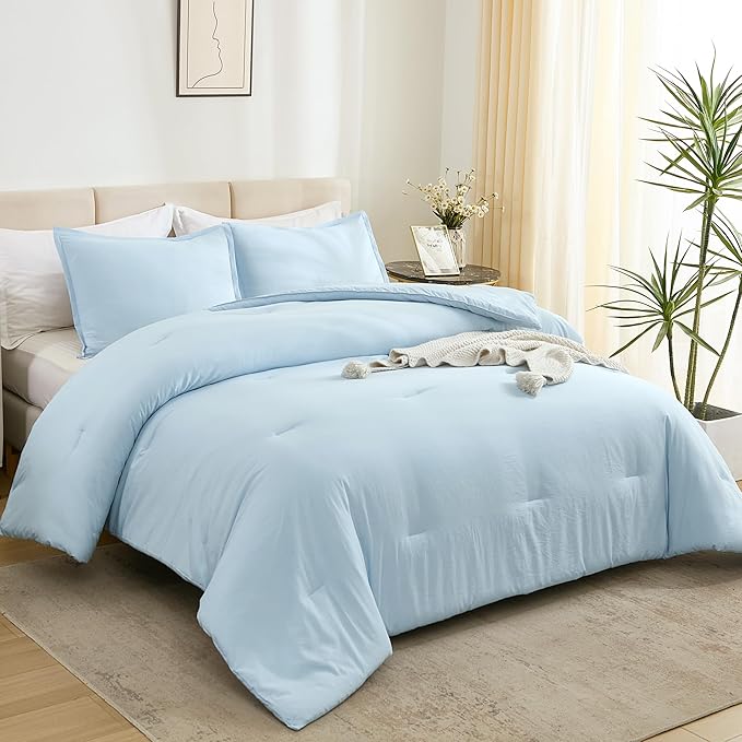 Litanika Comforters Light Blue King Size, 3 Pieces Lightweight Solid Bedding Comforter Set, All Season Fluffy Bed Set (104x90In Comforter & 2 Pillowcases)-Ruum Studio Home