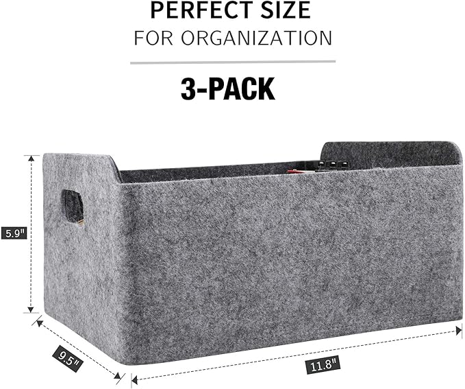 Welaxy Storage Baskets Collapsible Felt Storage bin Foldable Shelf Drawers Organizers for Kids Pet Toys magazine Books Clothes Closet Cabinet decluttering (Charcoal x 3)-Ruum Studio Home