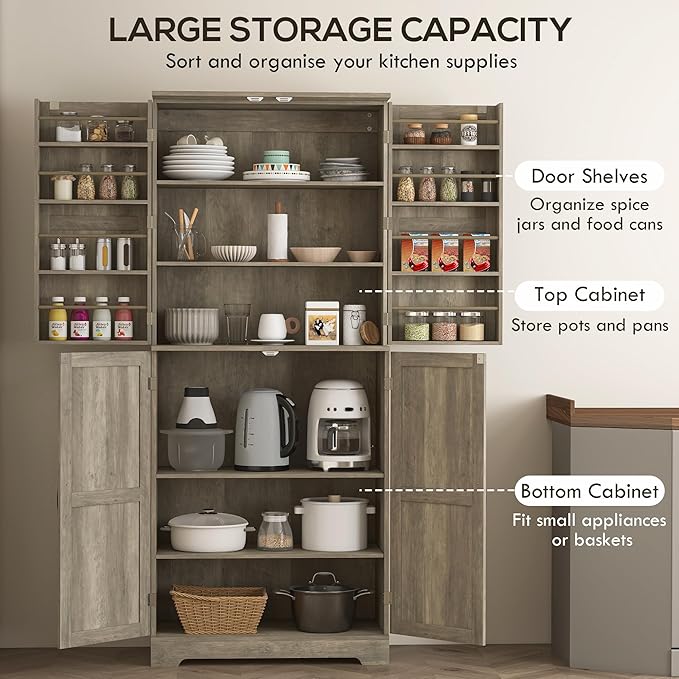 HOMCOM 72" Farmhouse Kitchen Pantry Cabinet, Freestanding Tall Storage Cabinet with 4 Barn Doors, 4 Adjustable Shelves and 8 Door Shelves, Gray Wash-Ruum Studio Home