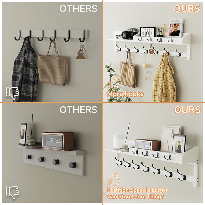 AMBIRD 35 inch Coat Rack Wall Mount, Extra Long Coat Hooks Wall Mount, Entryway Shelf with 7 Dual Coat Hooks 4 Key Hooks Mail Organizer, Wooden Wall Coat Rack with Hooks, Key Holder Rack (White)-Ruum Studio Home
