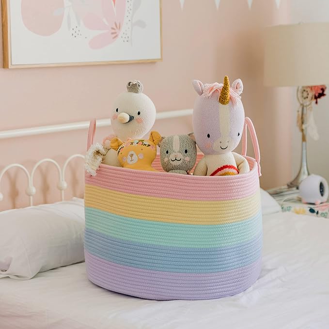 OrganiHaus Cute Basket for Pastel Rainbow Classroom Decor 20x13, Toy Basket Storage for Kids Room, Toy Bins for Kids Organizer, Large Blanket Basket Living Room, Rainbow Storage Bins, Nursery Hamper-Ruum Studio Home
