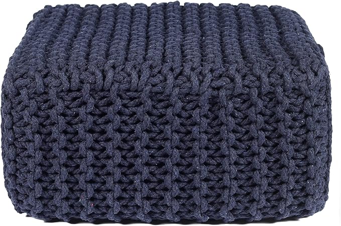 REDEARTH · Cube Low Pouf Foot Stool Ottoman - Hand Knitted Poof - Cord Boho Pouffe - Home Décor - Stuffed Footrest for Living Room - Nursery - Bedroom - Patio (16" x 16" x 8") - Navy Blue-Ruum Studio Home