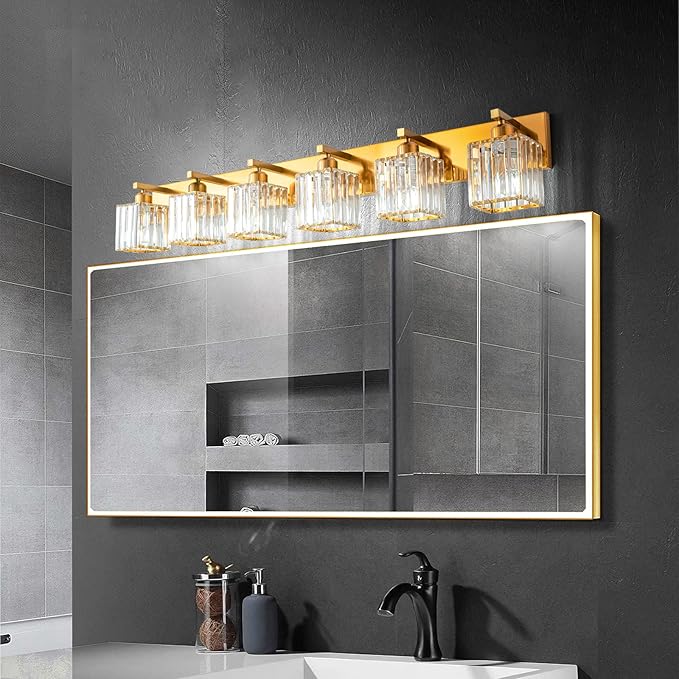 Modern 6-Light Gold Brushed Brass Finish Crystal Wall Light for Bathroom Vanity-Ruum Studio Home