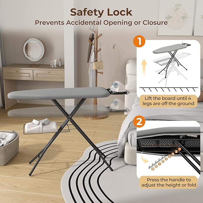 Yaheetech Ironing Board, Compact Iron Board with Cord Holder, Steam Iron Rest and Bottom Storage Tray, 9 Adjustable Heights & 3 Layer Cover, Folding Heavy Duty Ironing Board 52X14, Gray-Ruum Studio Home