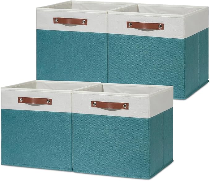 HNZIGE Fabric Storage Bins for Shelves 13x13 Storage Cubes Set Of 4 Foldable Storage Baskets with Handles for Organizing Cloth Closet Toy Nursery(Teal&White)-Ruum Studio Home