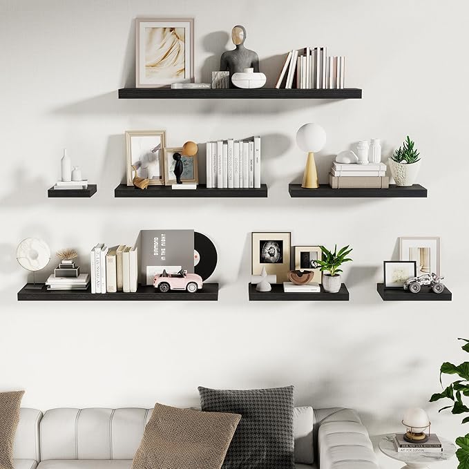 Fun Memories 24 Inch Floating Shelves Wall Mounted, 10 Inch Deep Wall Shelves, 24 x 10 Floating Shelf for Living Room Bathroom Bedroom, Black, Set of 2-Ruum Studio Home