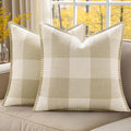 decorUhome Buffalo Plaid Check Fall Throw Pillow Covers 18x18 Set of 2, Outdoor Decorative Farmhouse Pillow Covers with Stitched Edge for Bed Couch Sofa, Cream White and Beige-Ruum Studio Home