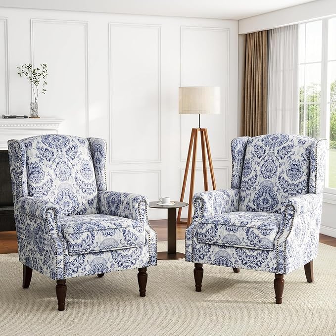UIXE High Back Floral Accent Chair, Fabric Upholstered Armchair for Living Room, Retro Wingback Arm Chair with Solid Wood Legs, Nailhead Trim Single Sofa Bedroom Reading Seat - Navy Blue-Ruum Studio Home