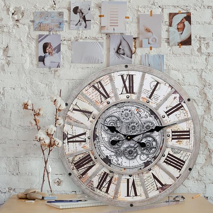 Unique Moving Gear Large Wall Clock 21inch-Battery Powered. Retro Industrial Steampunk Country Farmhouse Decor for The Living Room Kitchen Bars cafes Offices(whith/metal/21)-Ruum Studio Home