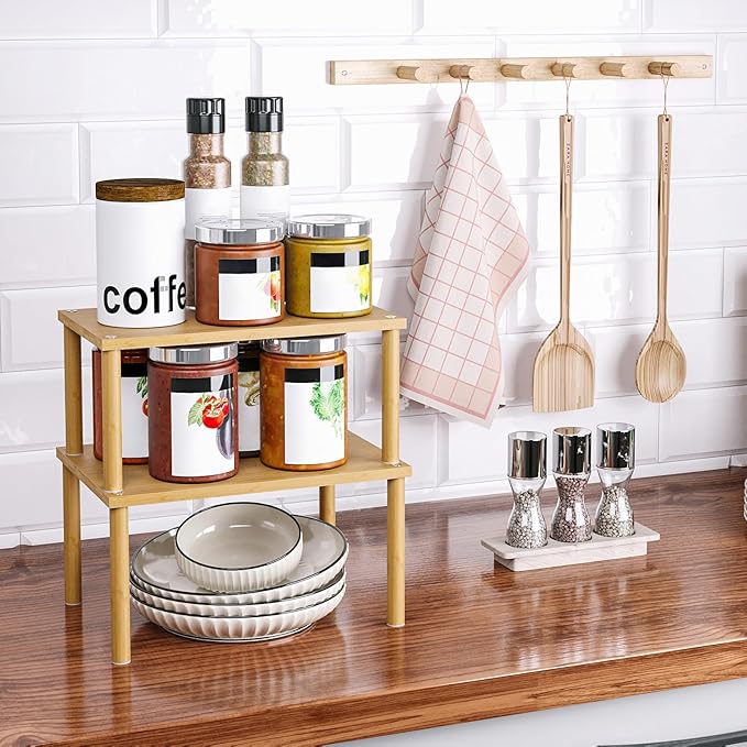 Cabinet Organizer Shelf(Set of 2),Kitchen Counter Shelves,Bamboo Stackable Expandable Spice Rack Countertop(Medium)-Ruum Studio Home