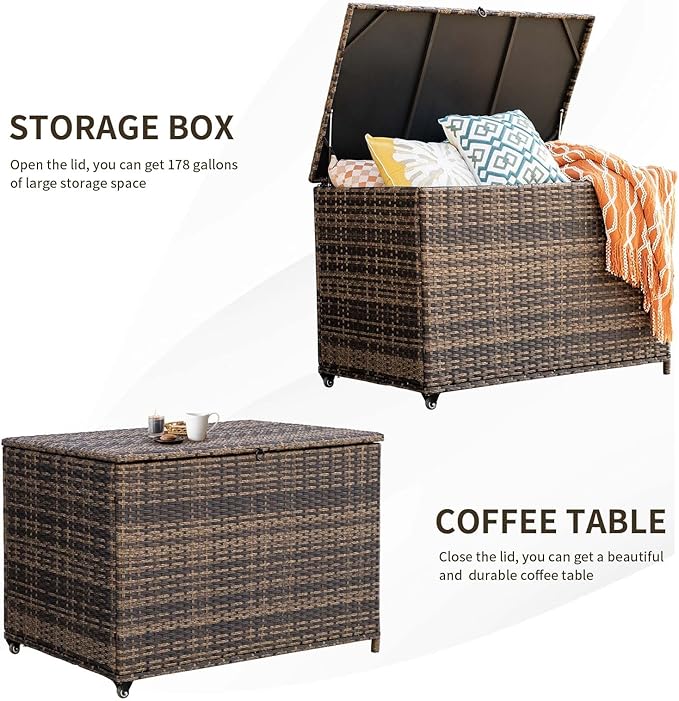 178 Gallon Outdoor Storage Box, Handle Large Portable Wicker Rattan Deck Box for Patio Furniture Cushions, Patio Deck Box with 2 WheelsThrow Pillows, Garden Tools and Pool Floats (Brown)-Ruum Studio Home