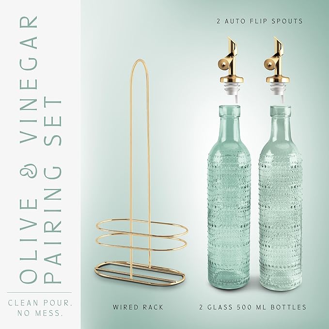 COOK WITH COLOR Glass Olive Oil Bottle Dispenser - 2 Pack- 17oz Oil and Vinegar Cruet - Olive Oil Carafe Decanter for Kitchen-Ruum Studio Home