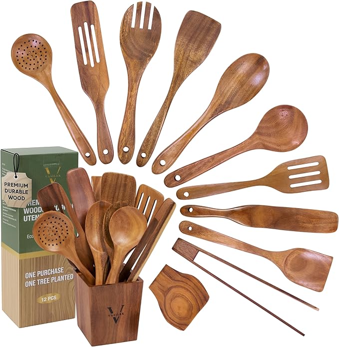 Vasilek Wooden Cooking Utensils Set – 12-Piece Acacia Wood Kitchen Utensil Set with Square Holder & Spoon Rest, Non Toxic Wooden Tools for Nonstick Cookware, Spatula, Ladle, Serving Spoon-Ruum Studio Home