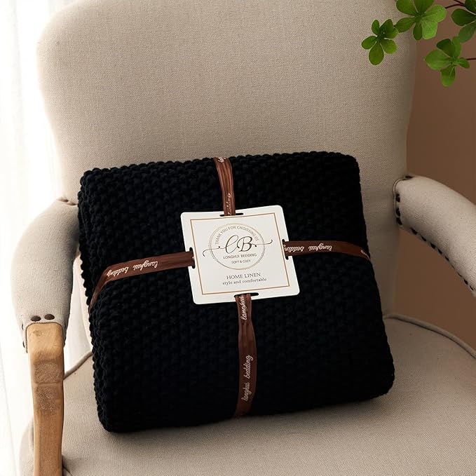 Longhui bedding Chunky Cable Knit Throw Blanket Lightweight Black 100% Organic Cotton Blanket for Sofa Couch Bed Baby Nursery, Rustic Shabby Chic Modern Farmhouse, 51” x 63” Give Laundering Bag-Ruum Studio Home