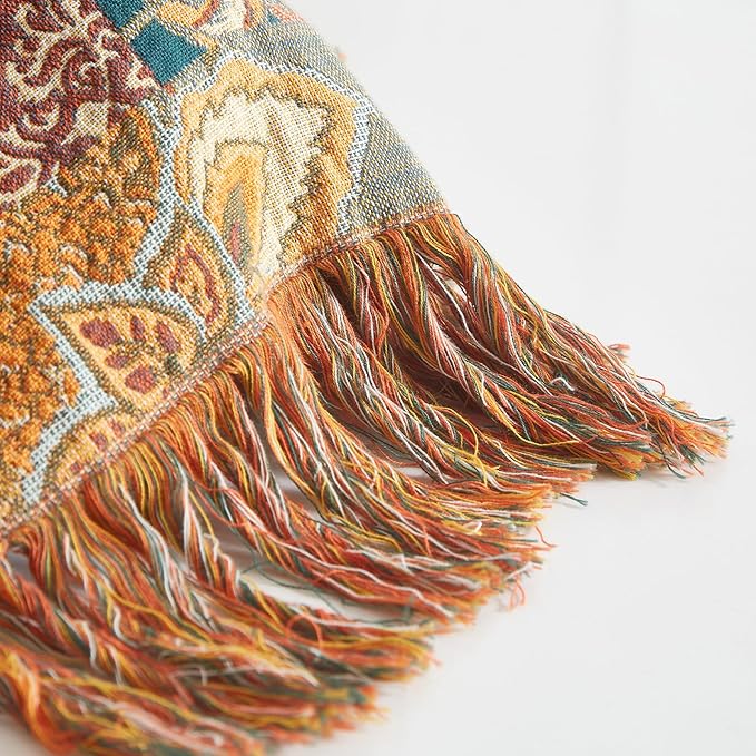 Boho Throw Blanket for Couch Sofa Bed, 100% Cotton Woven Quilt with Tassel 60”x80”, Super Soft Muslin Blanket with Floral Printed, Decorative Reversible Bed Blanket/Cover for All Seasons-Ruum Studio Home