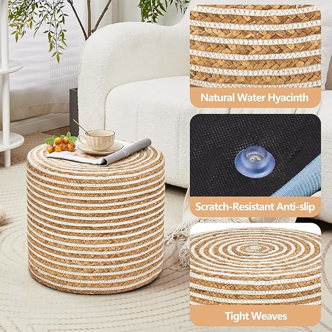 Wimarsbon 18'' Ottoman Pouf, Natural Braided Poof, Rustic Handweave Lounge Pouffe, Boho Footrest Stool for Bedroom, Accent Table or Seat for Living Room (Natural Water Hyacinth + White Cotton Rope)-Ruum Studio Home
