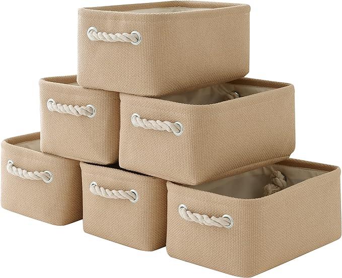 Organization and Storage Basket for Gifts Empty - 12x8x5.2 inch Small 6 Pack Collapsible Storage Box for Organizing, Fabric Storage Cubes for Cloth Books Laundry Canvas(Beige)-Ruum Studio Home