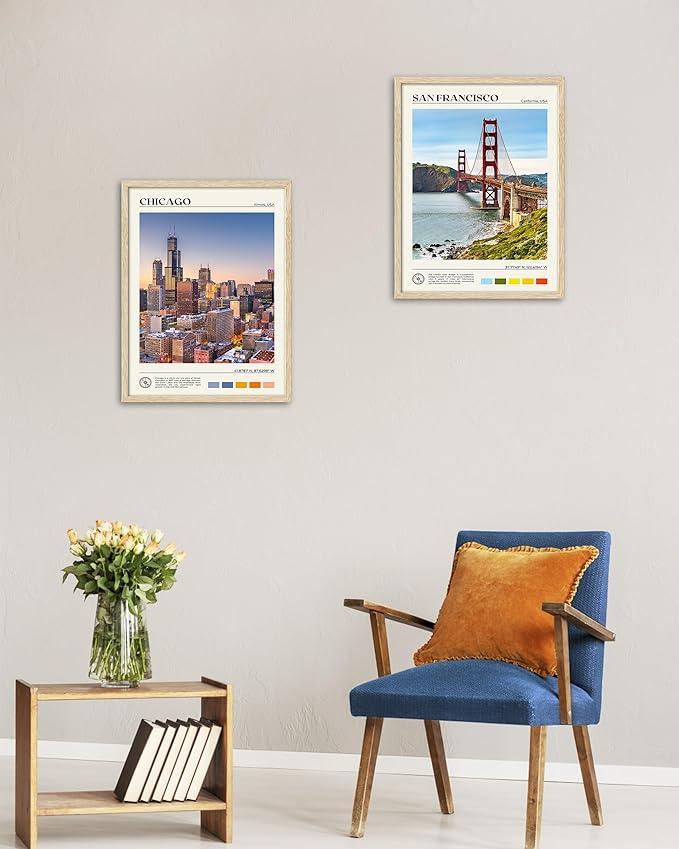 HesenDot Natural OAK Wood Chicago Cityscape Framed Wall Art,12x16in City Skyline Canvas Wall Print,Modern Urban Landmark Wall Decor for Living Room,Bedroom,Office Gallery Gifts Set of 1-Ruum Studio Home