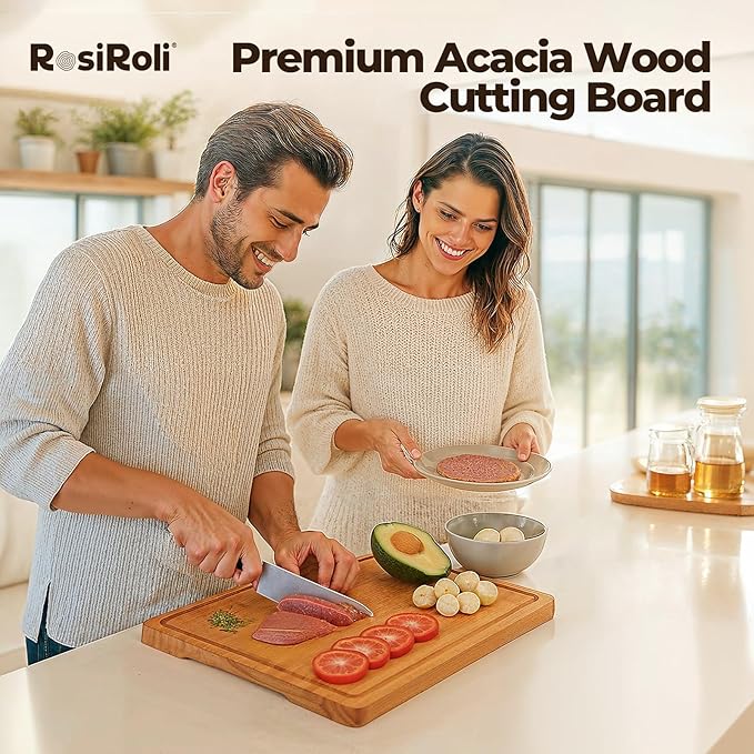 Acacia Wood Cutting Board for Kitchen - 1 inch Thick FSC Certified Wood Charcuterie Cheese Board with Side Handles and Juice Grooves, Wooden Chopping Block for Meat and Veggies, 17x12 inch-Ruum Studio Home