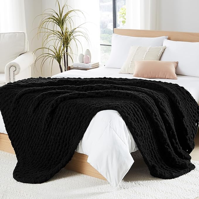 L'AGRATY Chunky Knit Blanket Throw: 80''x90'' Chenille Chunky Knitted Throw Blanket for Bed Couch - Handmade Thick Big Cable Knit Blanket - Large Chunky Crochet Rope Blanket for Home Decor(Black)-Ruum Studio Home