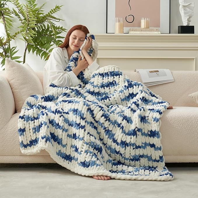 Amélie Home Chunky Knit Throw Blanket for Couch, Soft Chenille Crochet Blanket for Sofa, 50"x60", Space-Dyed Blue Striped-Ruum Studio Home