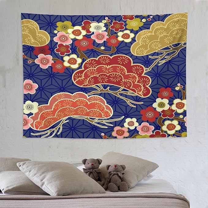 HZOHNAGO Japanese Tapestry Art Abstract Colorful Cherry Blossom Blue Background Pattern Printed Wall Tapestry Painting Wall Hanging for Bedroom Living Room Dorm 80" W x 60" H-Ruum Studio Home