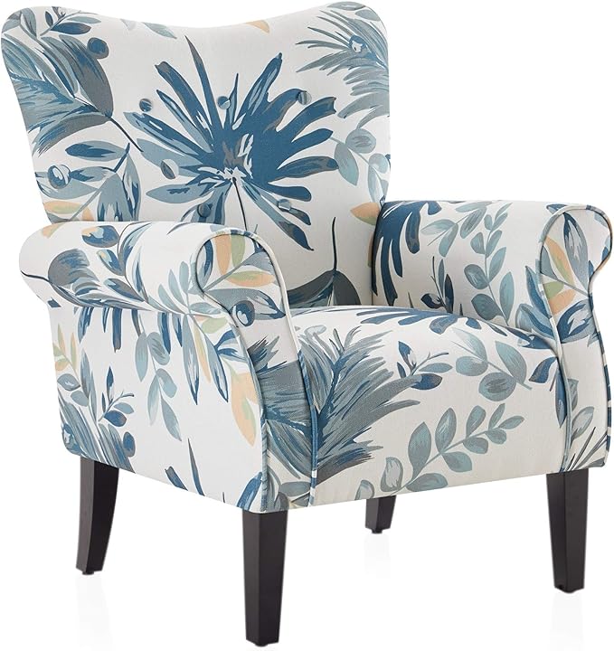 BELLEZE Modern Accent Chair for Living Room, High Back Floral Armchair w/Wooden Legs, Upholstered Wingback Side Chair Padded Armrest Single Sofa for Living Room, Bedroom - Allston (Green Blue Floral)-Ruum Studio Home